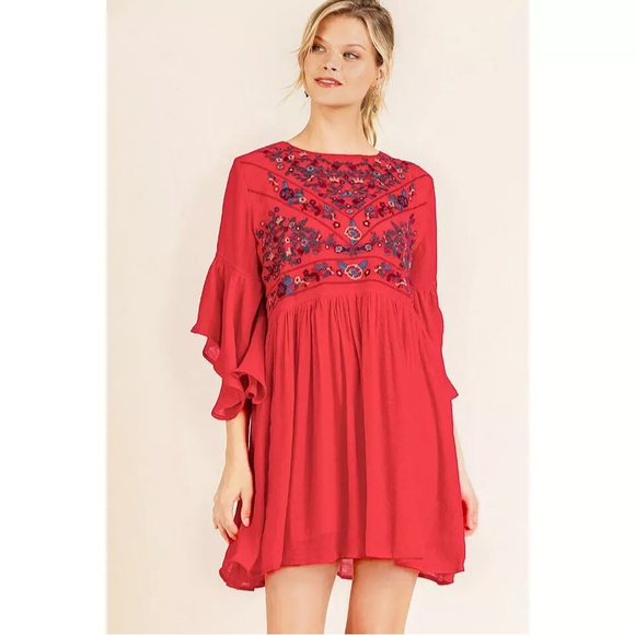 Umgee Red Adrienne Bell Sleeve Ruffle Dress S Babydoll Embroidered Boho - Picture 4 of 13